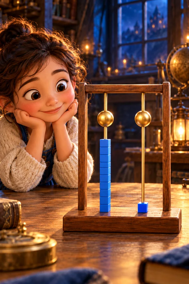 Two identical beads occupy different columns; a ten-unit rod sits below the left column and one cube below the right.